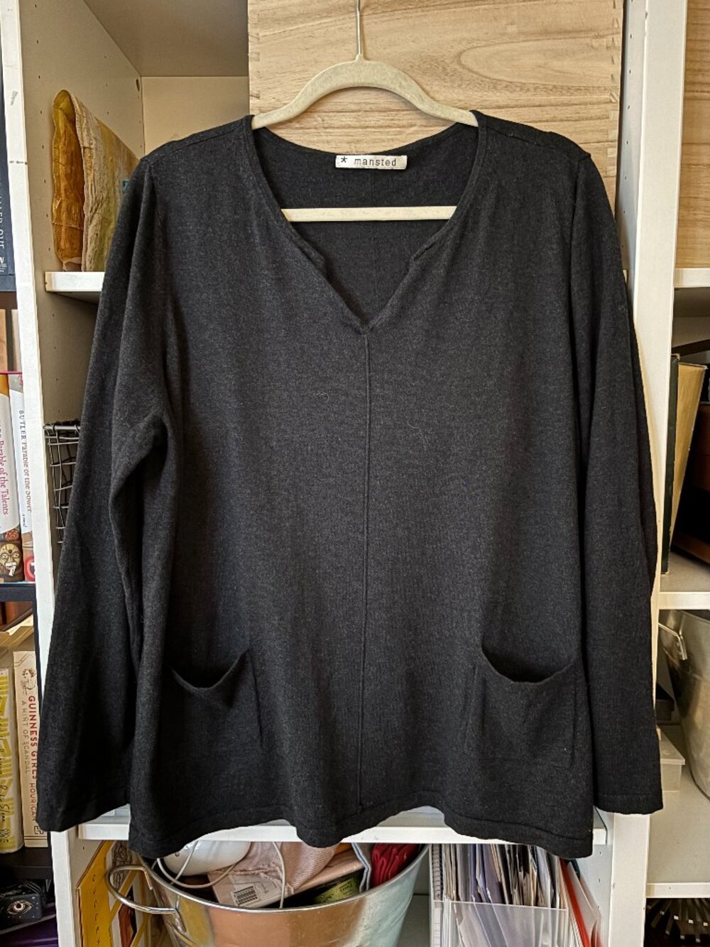 Mansted Cotton Yak Knit Top XL Black Gray V Neck Pocket Sweater